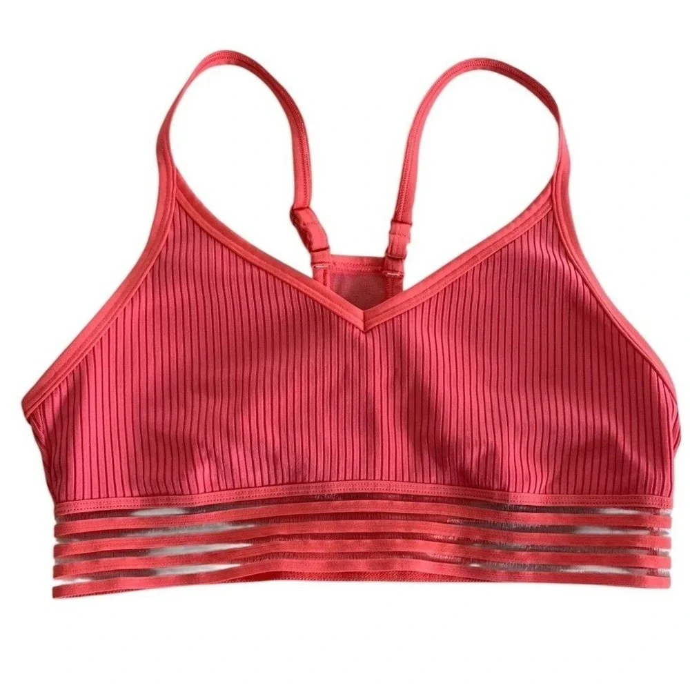 PINK Sport Bra Women Small Pink Ribbed Mesh Trim Racerback Athleisure Activewear